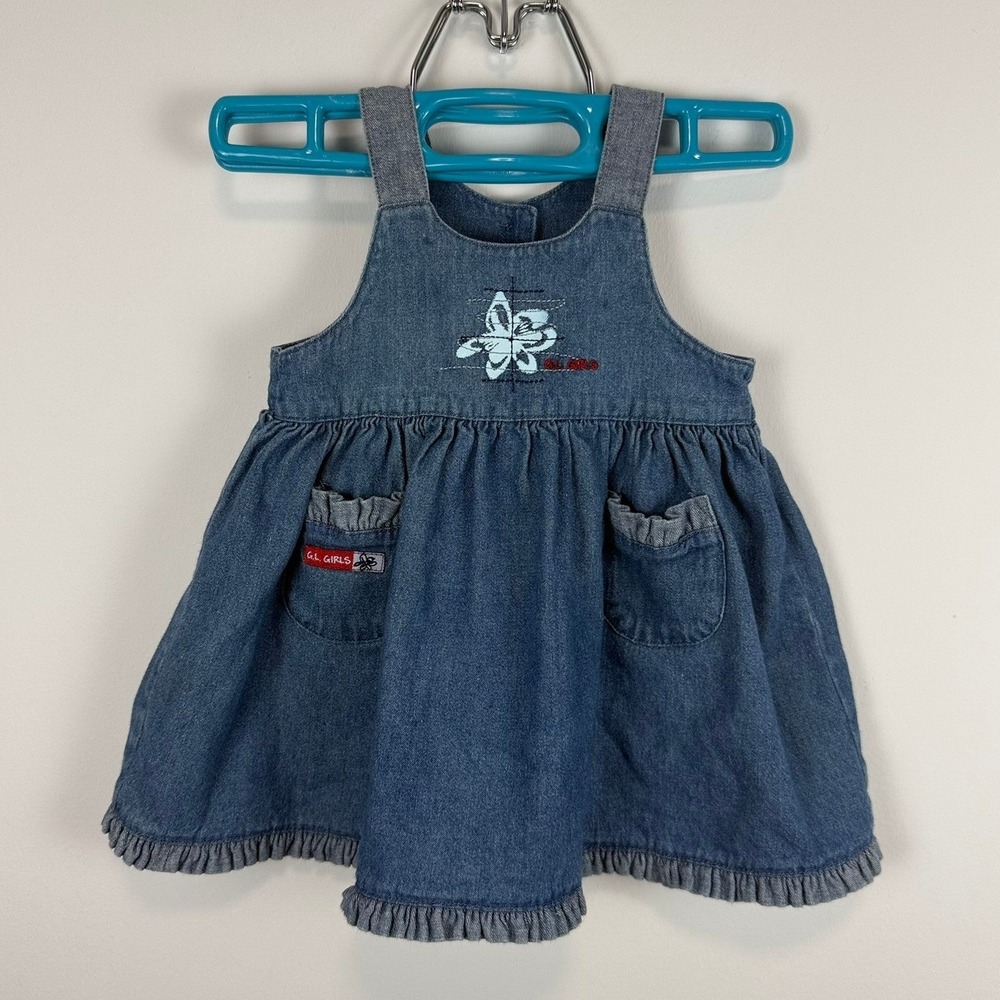 Vintage Genevieve Lapierre Denim Pinafore Dress Butterfly Embroidery Blue 16lbs